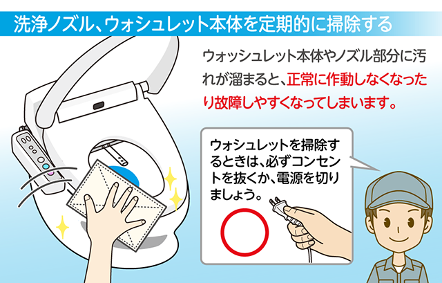 洗浄ノズル、ウォシュレット本体を定期的に掃除する