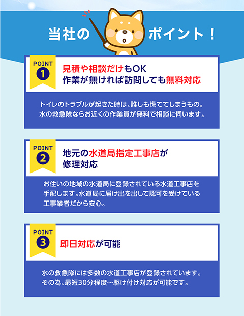 水の救急隊の特徴3選。見積無料+水道局指定工事店+即日修理対応