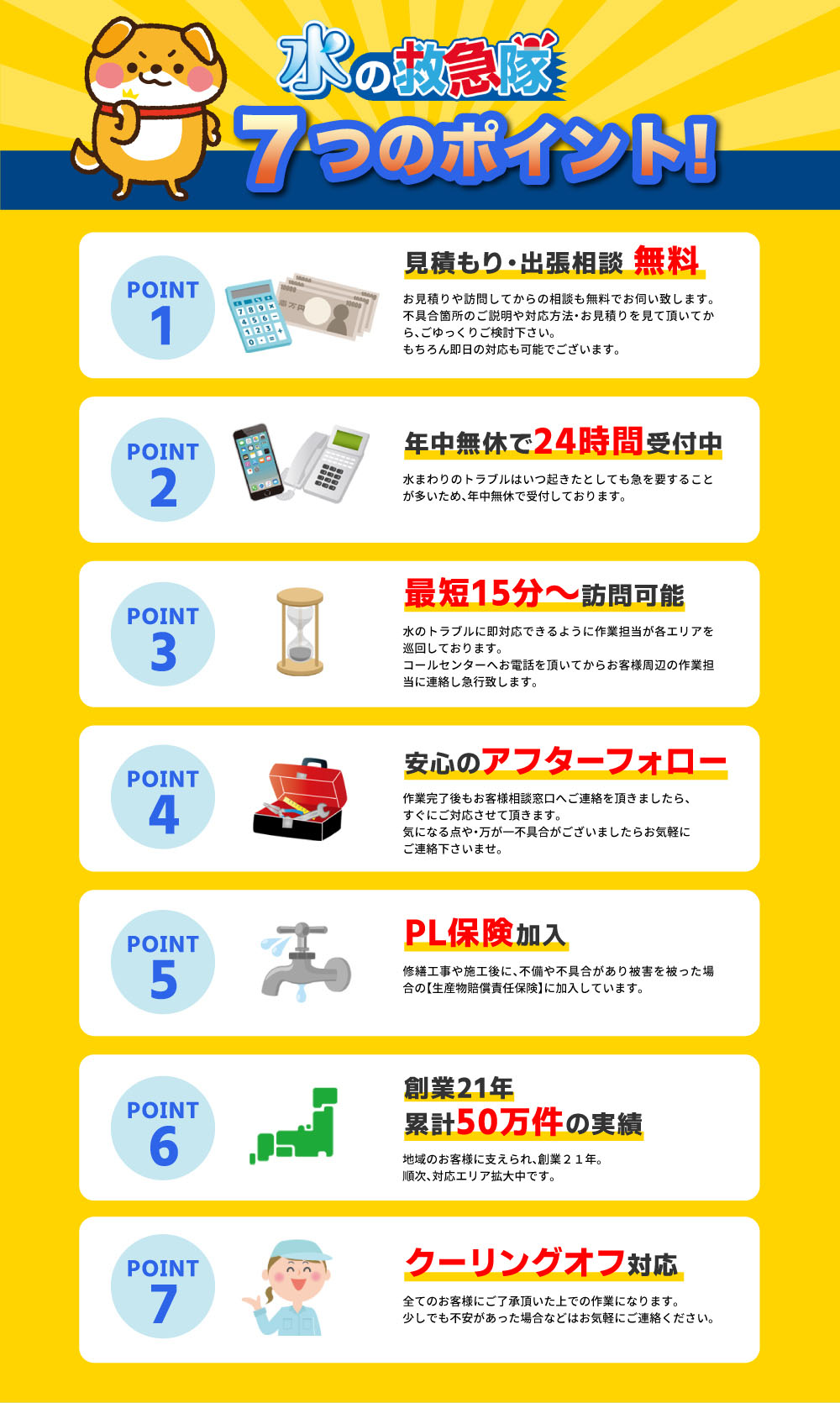『選ばれる7つのポイント』
1.見積+出張費が無料
2.年中無休+24時間対応
3.最短15分～訪問可能
4.安心のアフターフォロー
5.PL保険加入済み
6.創業23年、累計50万件のじっせき
7.クーリングオフ対応可能