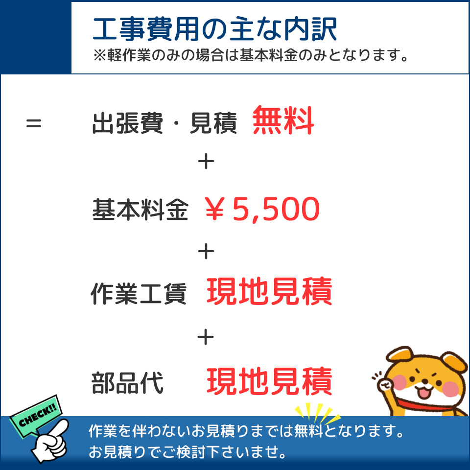 【料金の主な内訳】
出張費0円+基本料金5,500円+作業工賃(現地見積)+部品代(現地見積)
