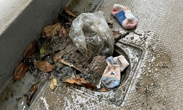 詰まったゴミと水たまりの様子