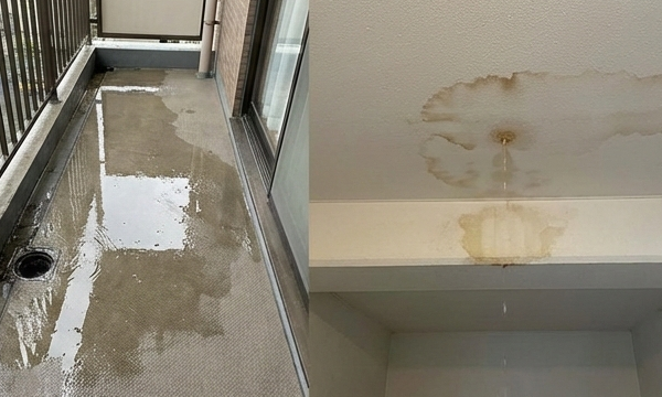 ベランダに溜まった水と、下の階の天井のシミ
