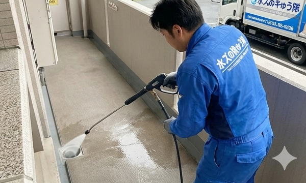 笑顔の隊員と作業車（高圧洗浄機を構える）