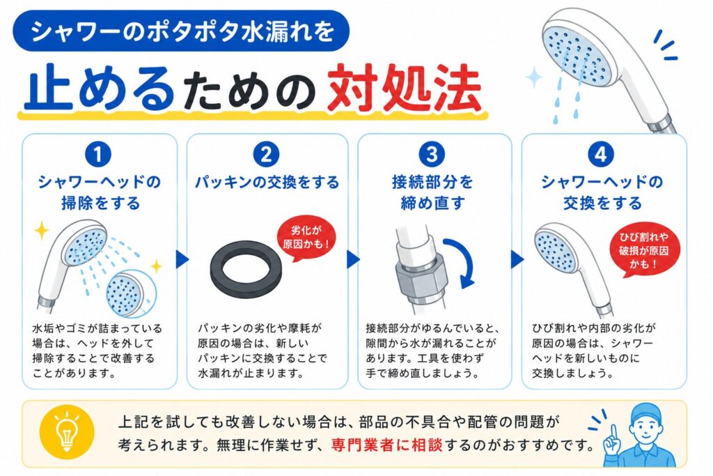 シャワーのポタポタ水漏れを止めるための対処法