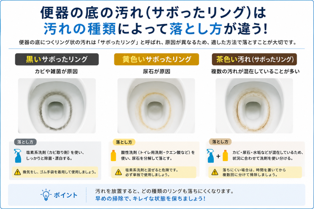 便器の底の汚れ（サボったリング）は汚れの種類によって落とし方が違う