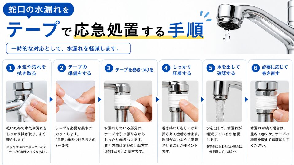 蛇口の水漏れをテープで応急処置する手順