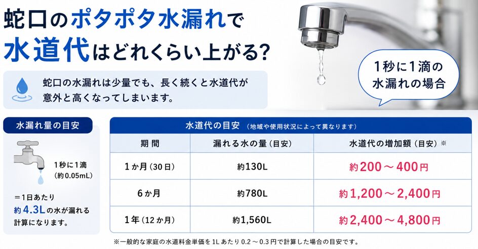 蛇口のポタポタ水漏れで水道代はどれくらい上がる？