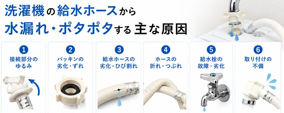 洗濯機の給水ホースから水漏れ・ポタポタする主な原因