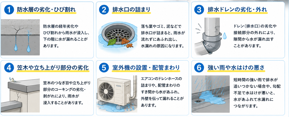 ベランダの水漏れが下の階へ影響する原因